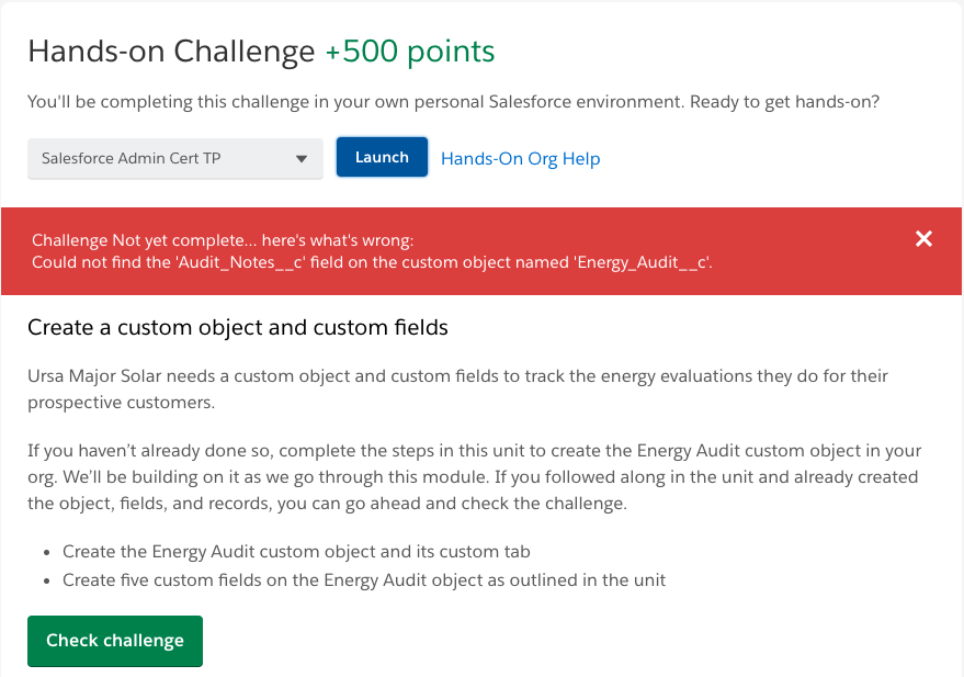 Screenshot of verification error in Trailhead for Set Up Your Org module