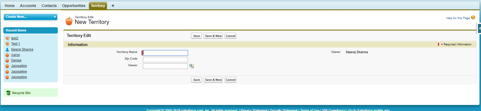 In this Image This are the Custom fileds of territory object