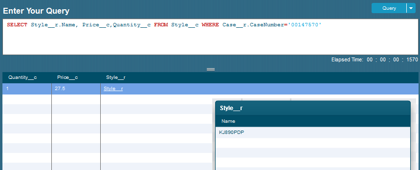 direct query on Style__c records aligned to case, showing that the name field is being pulled