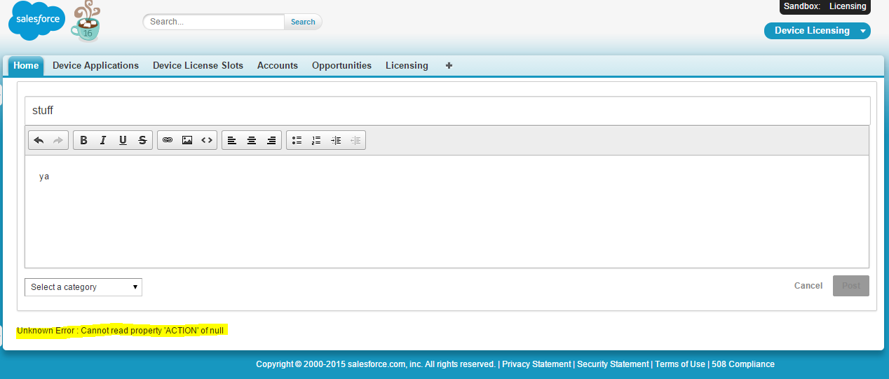 Page showing error message 'cannot read property action of null'